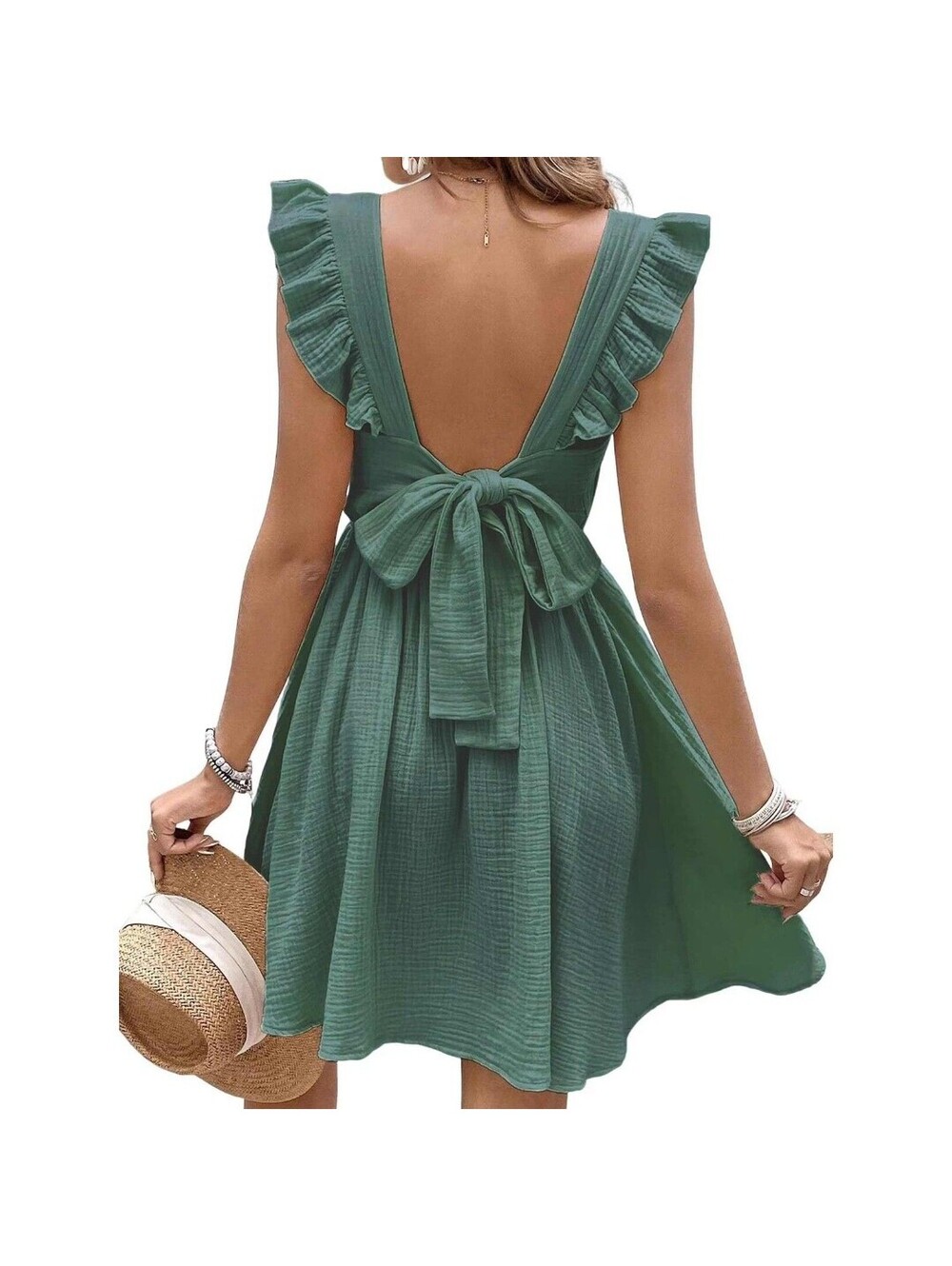 Cupshe Dress L Green V-Neck Flutter Sleeve Tie Waist Boho Cotton Gauze Open Back